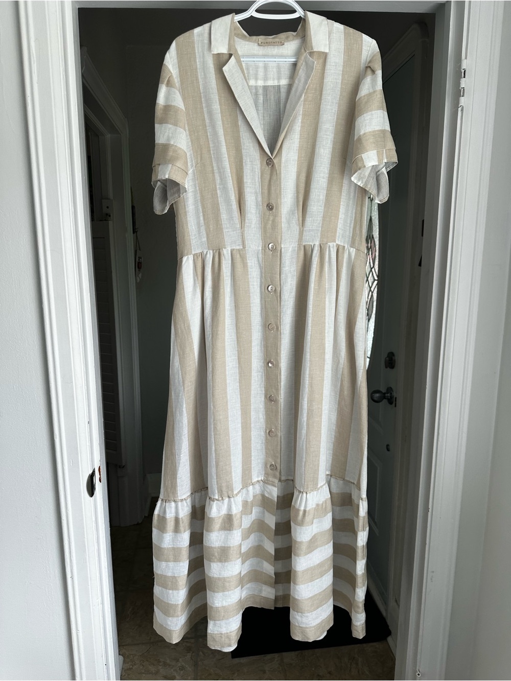 Purotatto 100% Linen Striped Button-Front Maxi Dress‎ in Beige & White Size 46